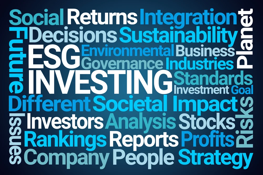 white and blue word cloud representing ESG investing concepts