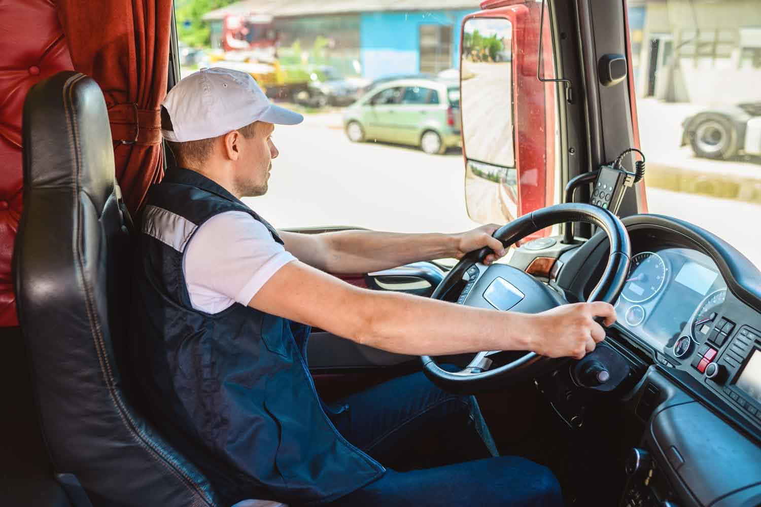 inside view of a truck with a seated driver